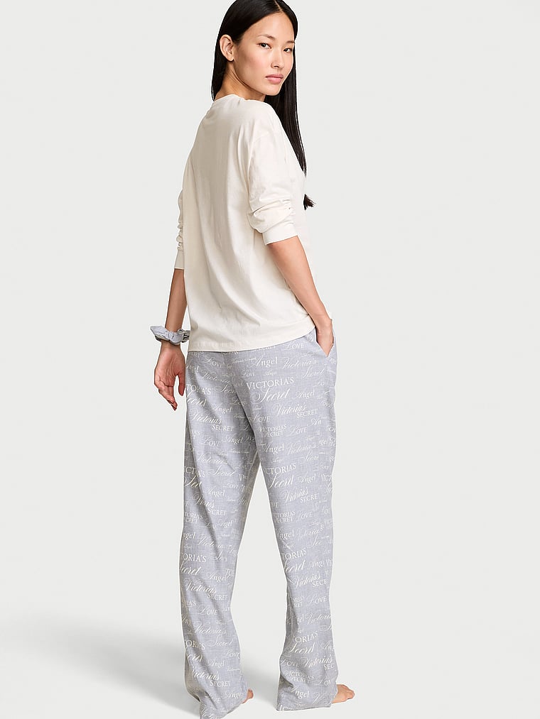 CozyFlannel™ Long Tee-Jama & Scrunchie Set - Heather Grey Logos