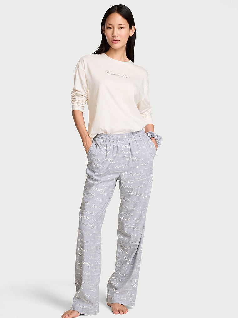 CozyFlannel™ Long Tee-Jama & Scrunchie Set - Heather Grey Logos