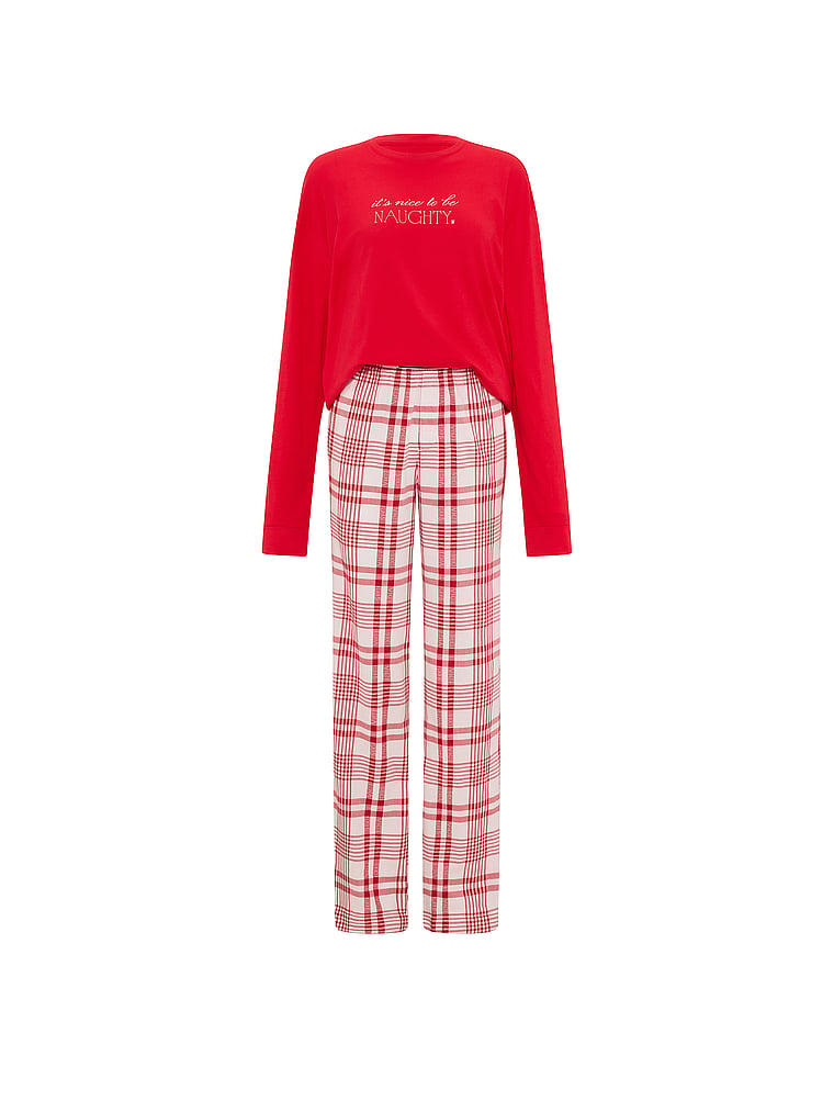 CozyFlannel™ Long Tee-Jama & Scrunchie Set - Kiss Kiss Red Plaid