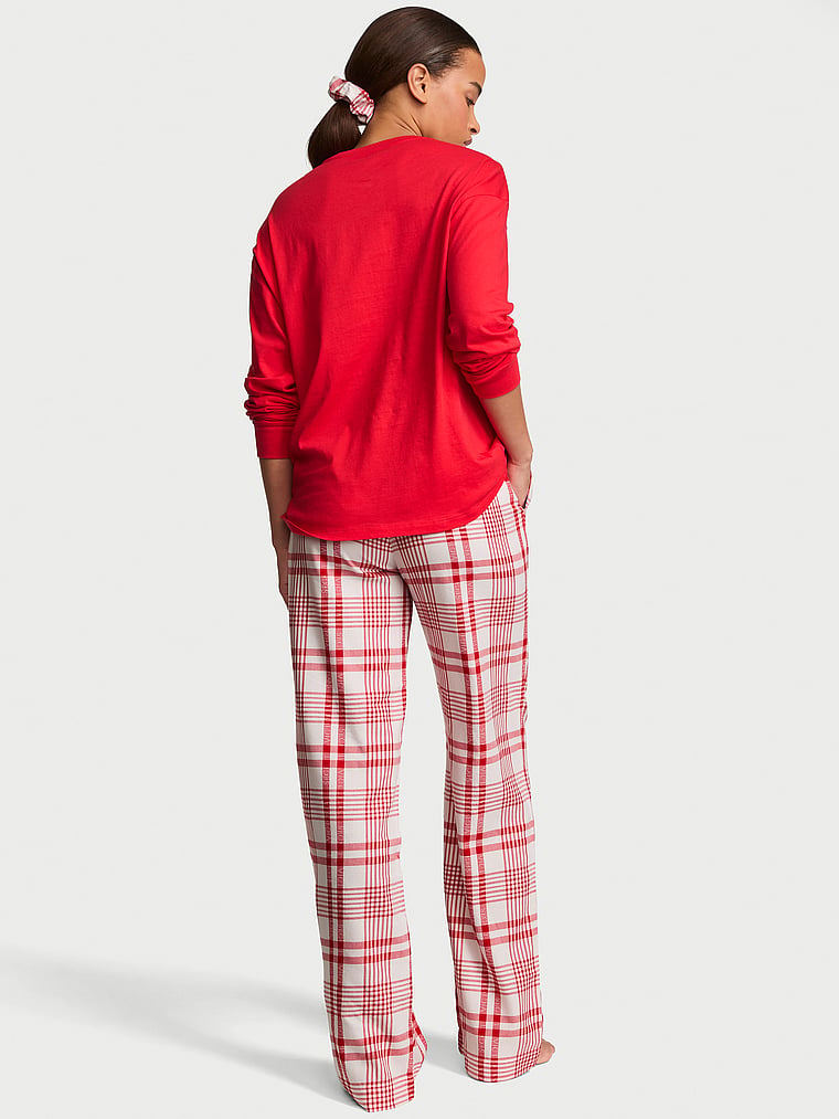 CozyFlannel™ Long Tee-Jama & Scrunchie Set - Kiss Kiss Red Plaid