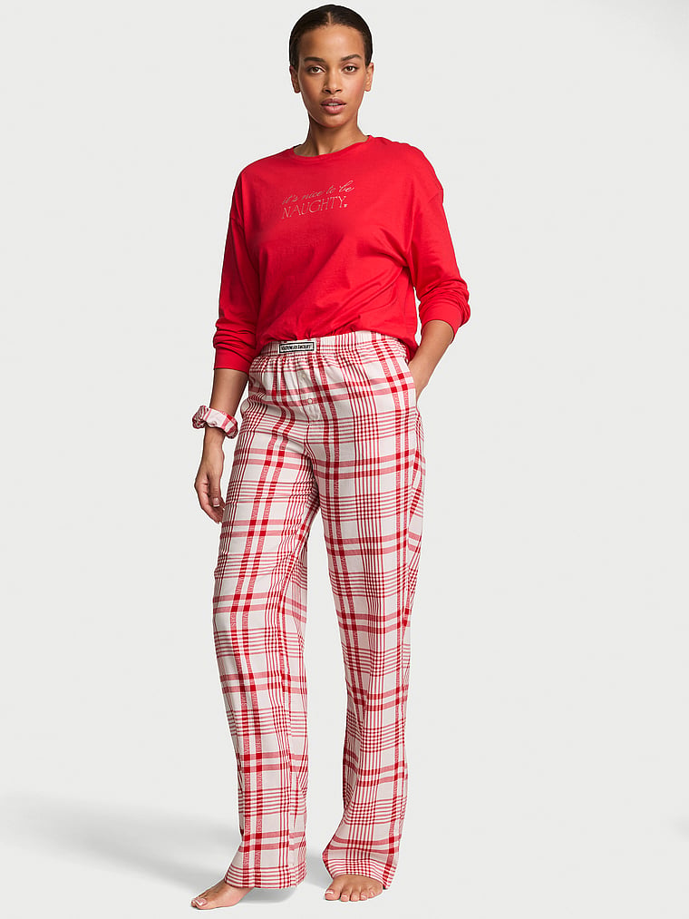 CozyFlannel™ Long Tee-Jama & Scrunchie Set - Kiss Kiss Red Plaid