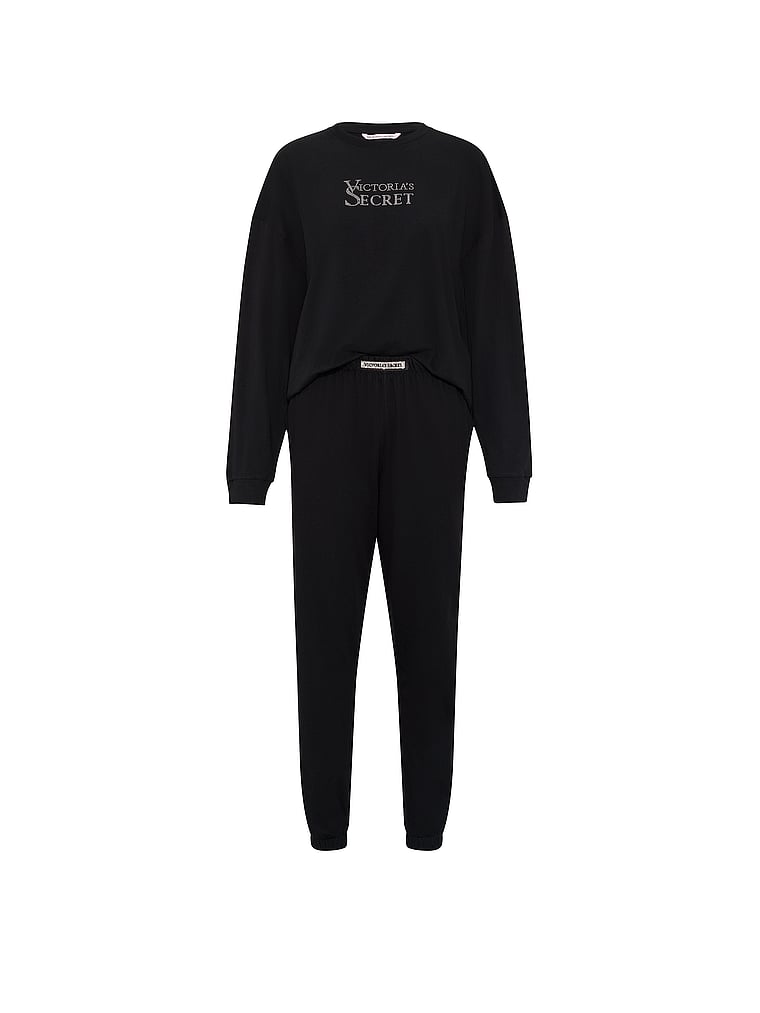 100% Cotton Shine Jogger Long Pajama Set - Black