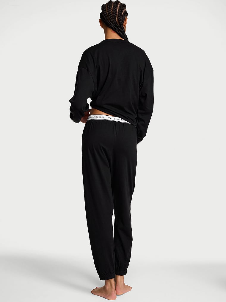 100% Cotton Shine Jogger Long Pajama Set - Black