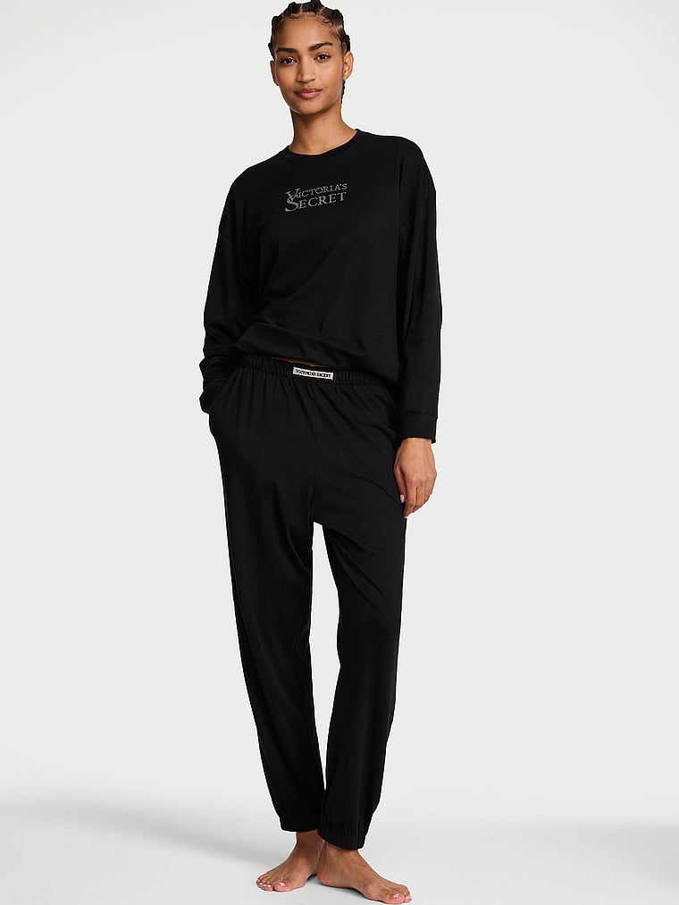 100% Cotton Shine Jogger Long Pajama Set - Black