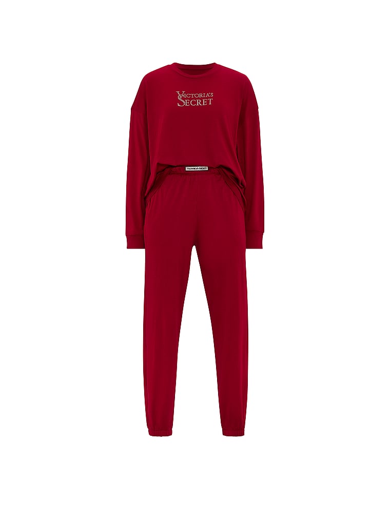 100% Cotton Shine Jogger Long Pajama Set - Red Lacquer
