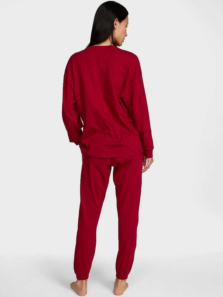 100% Cotton Shine Jogger Long Pajama Set - Red Lacquer
