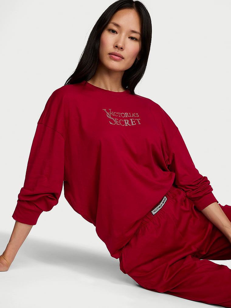 100% Cotton Shine Jogger Long Pajama Set - Red Lacquer