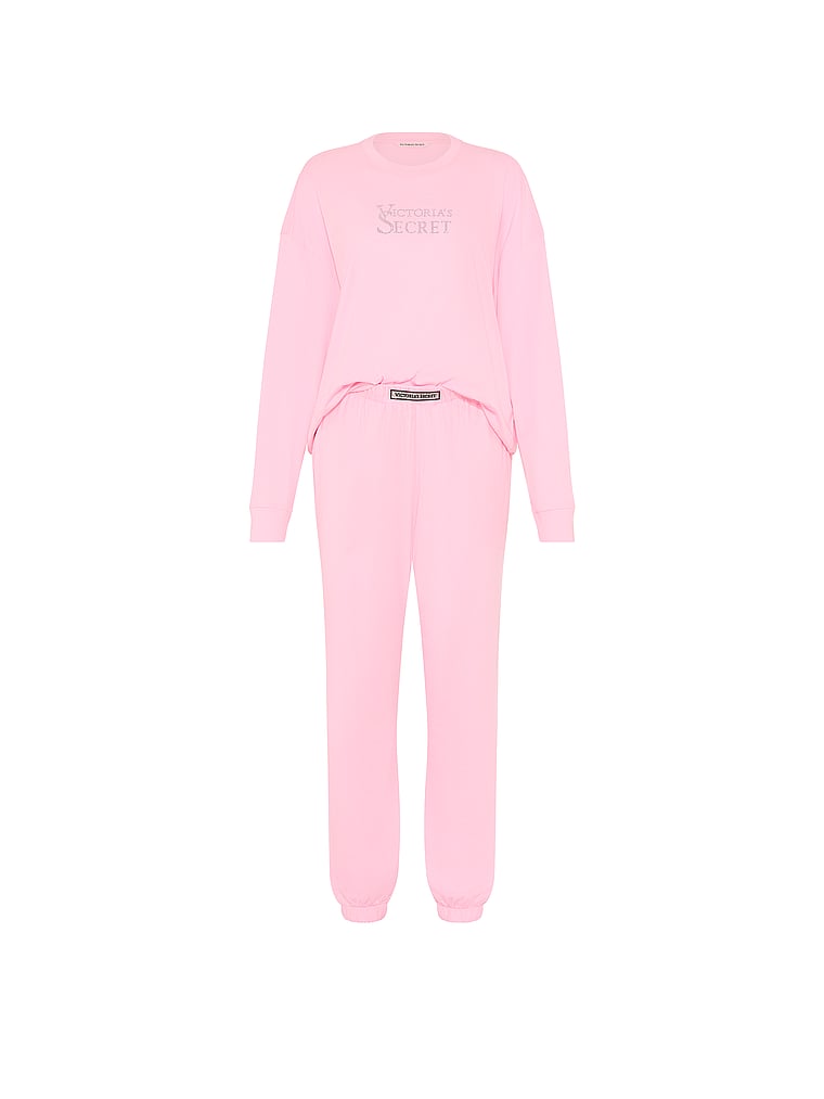 100% Cotton Shine Jogger Long Pajama Set - Victoria Pink