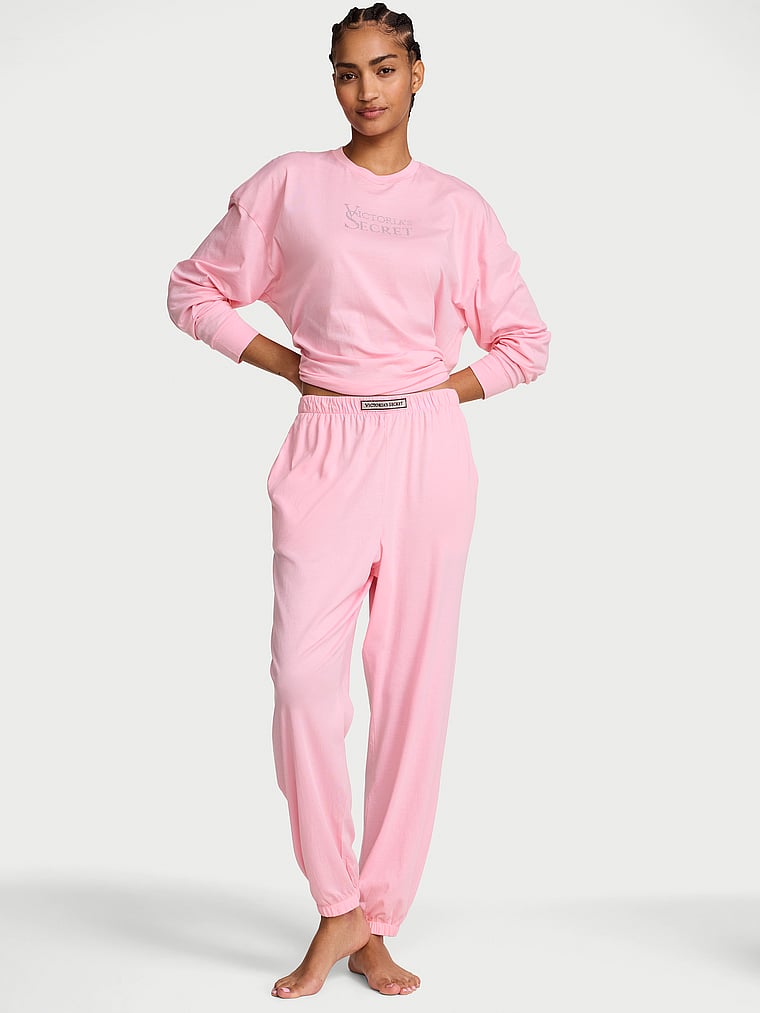 100% Cotton Shine Jogger Long Pajama Set - Victoria Pink
