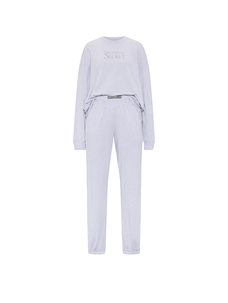 100% Cotton Shine Jogger Long Pajama Set - Heather Air Blue