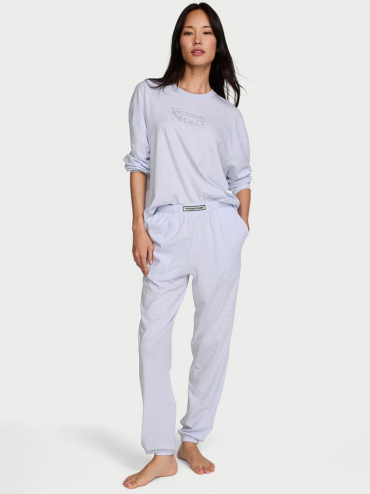 100% Cotton Shine Jogger Long Pajama Set - Heather Air Blue
