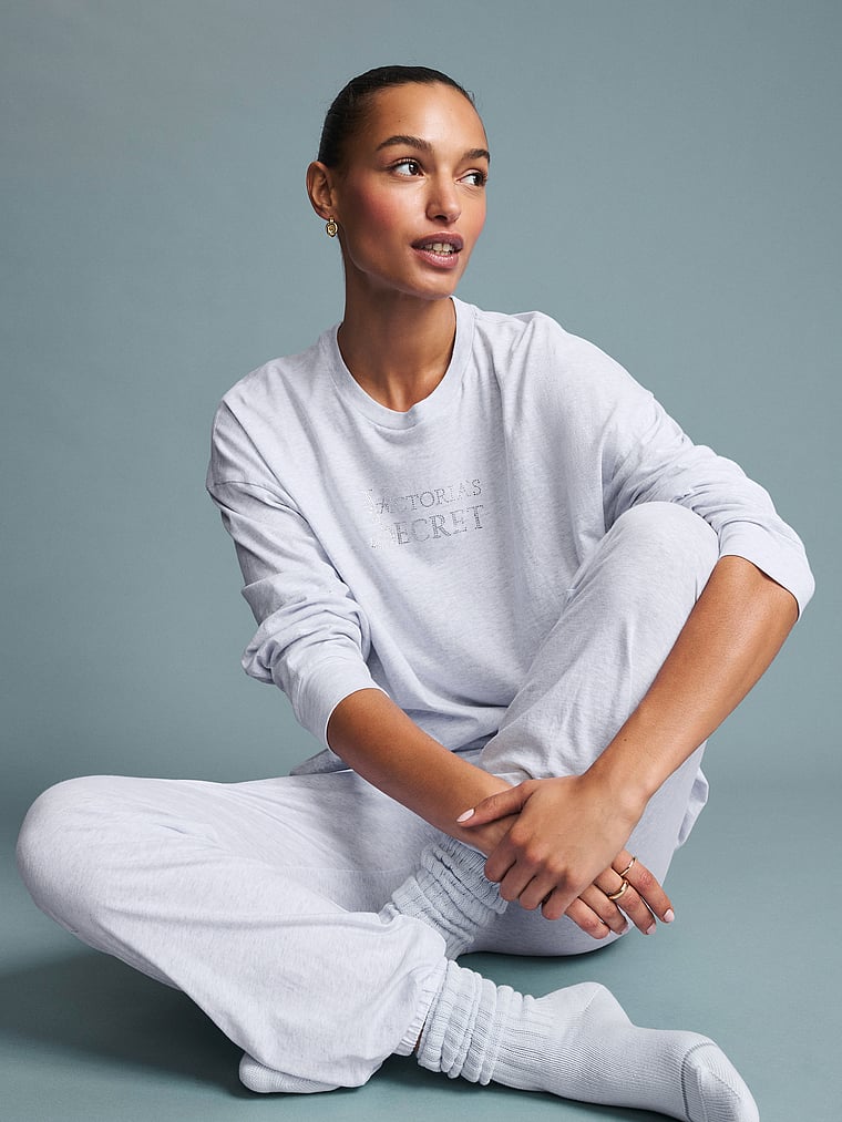 100% Cotton Shine Jogger Long Pajama Set - Heather Air Blue