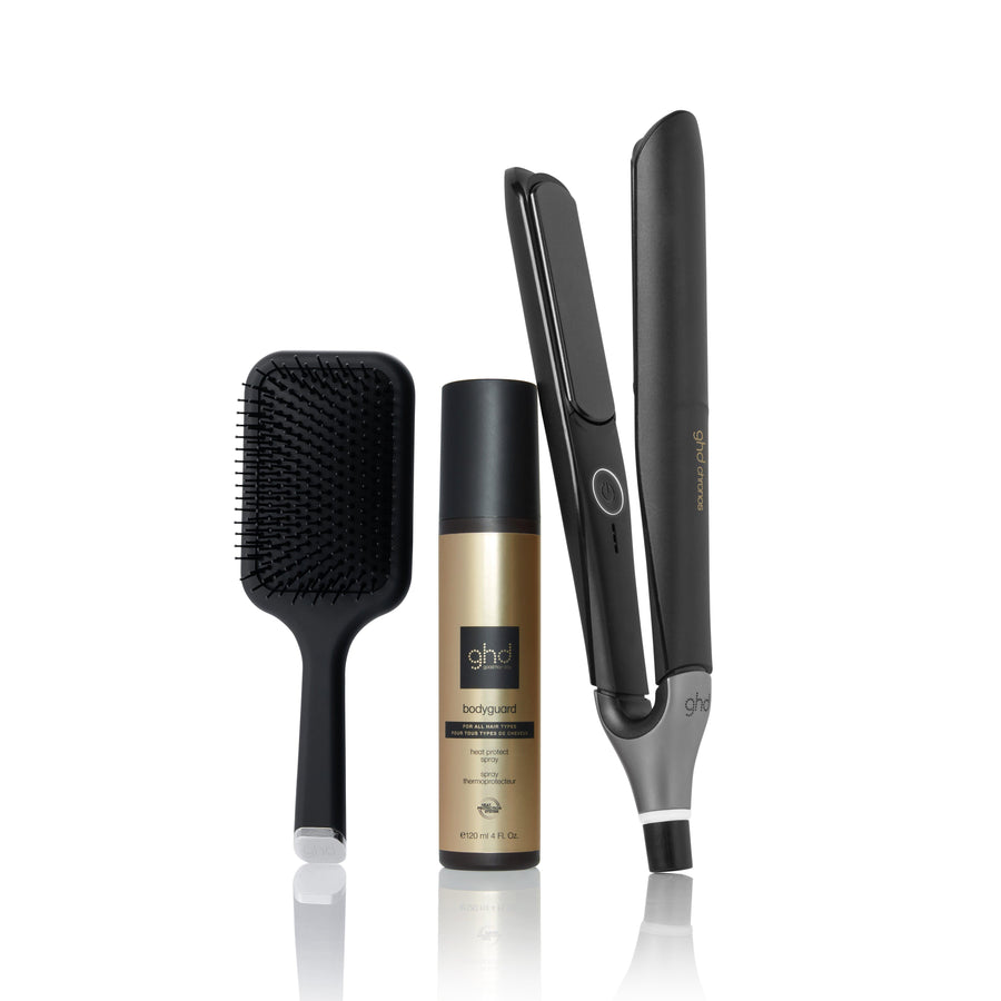 Trío ghd plancha chronos + cepillo + spray