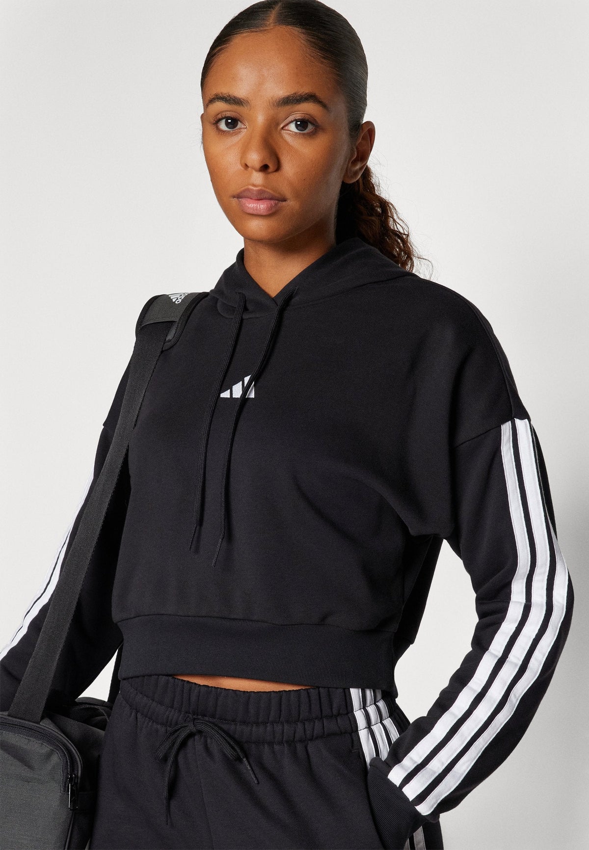 adidas Sportswear Essentials 3 Stripes French Terry Cropped – Sweat à capuche Femme – black/white/noir
