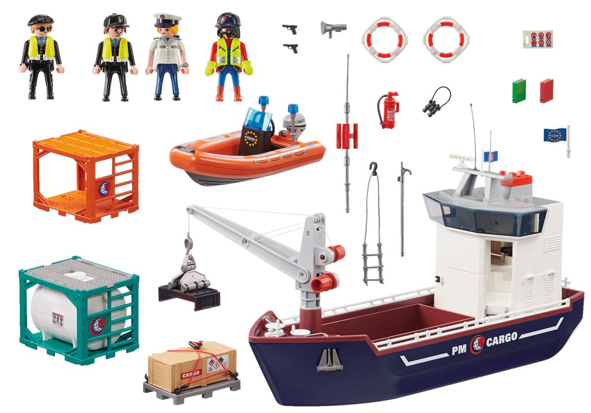 Grand cargo avec bateau de douaniers