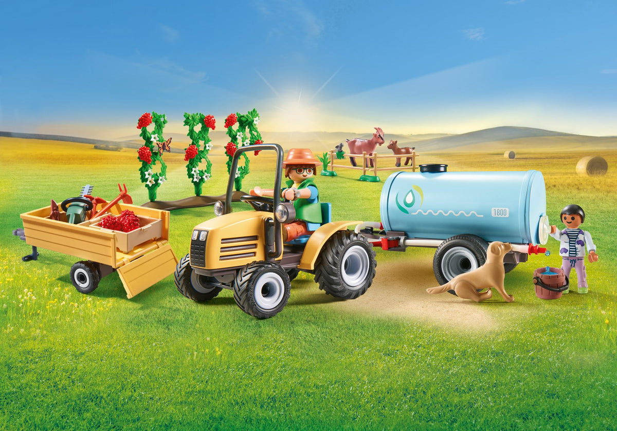 Fermier avec tracteur et citerne