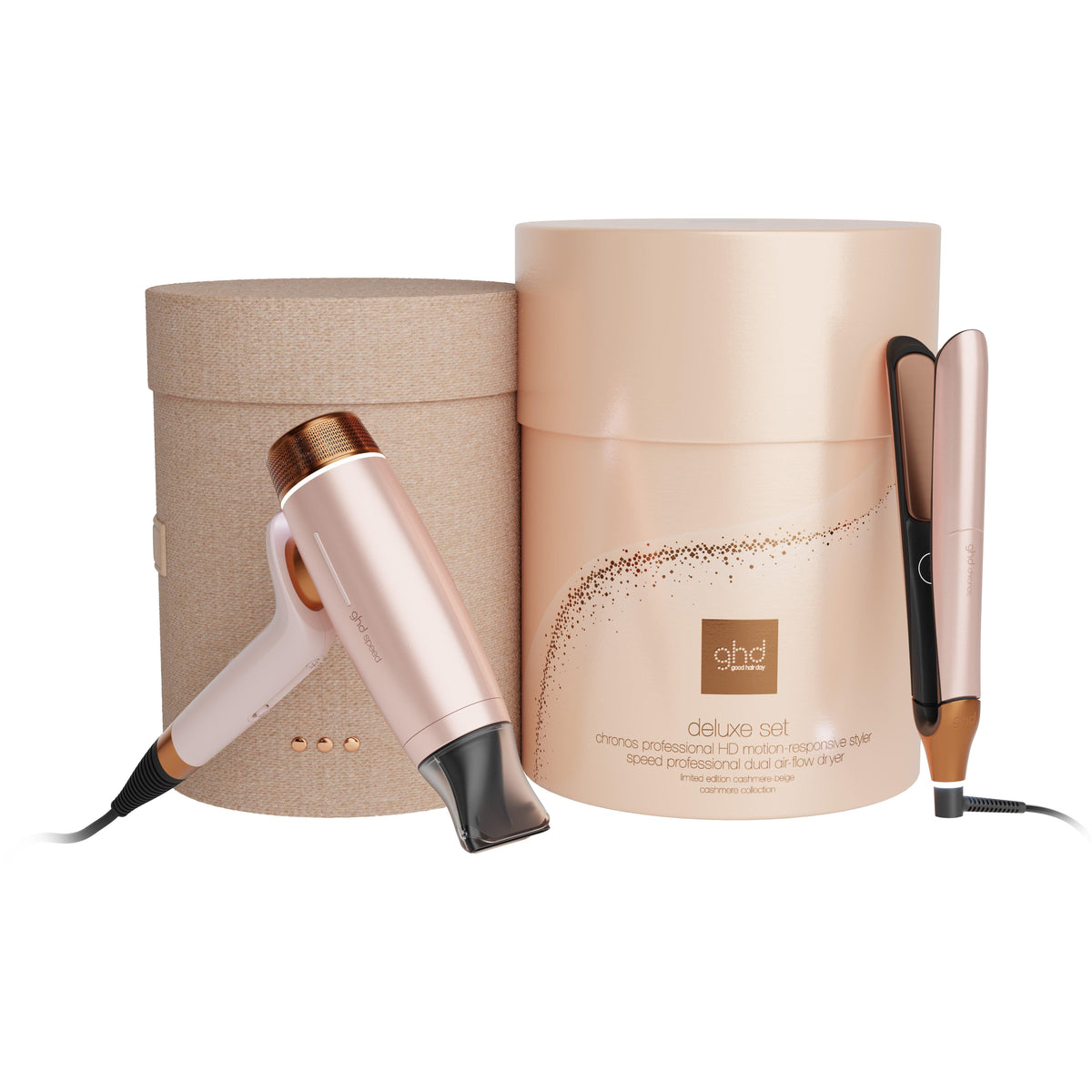 Nouveau coffret ghd deluxe avec sèche-cheveux speed & lisseur chronos beige cachemire