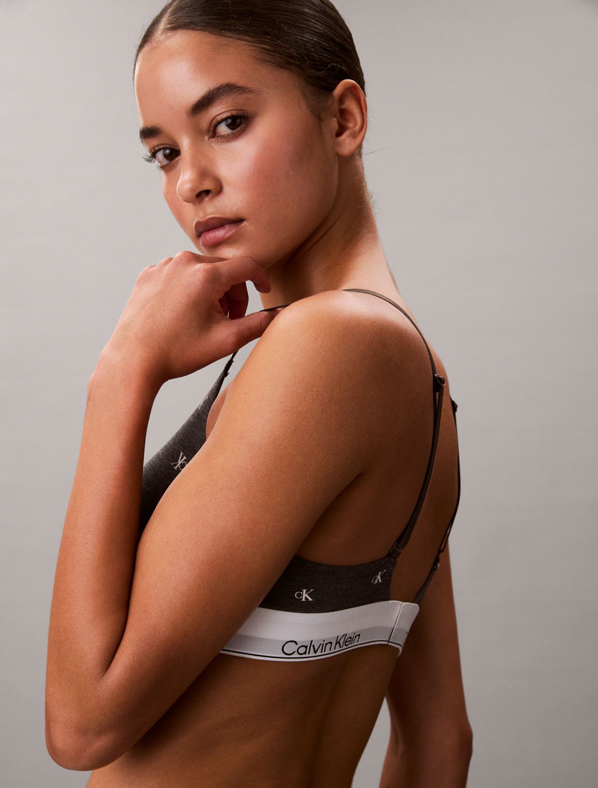 Icon Cotton Modal Lightly Lined Triangle Bralette - Diamond Logo / Charcoal Heather / White