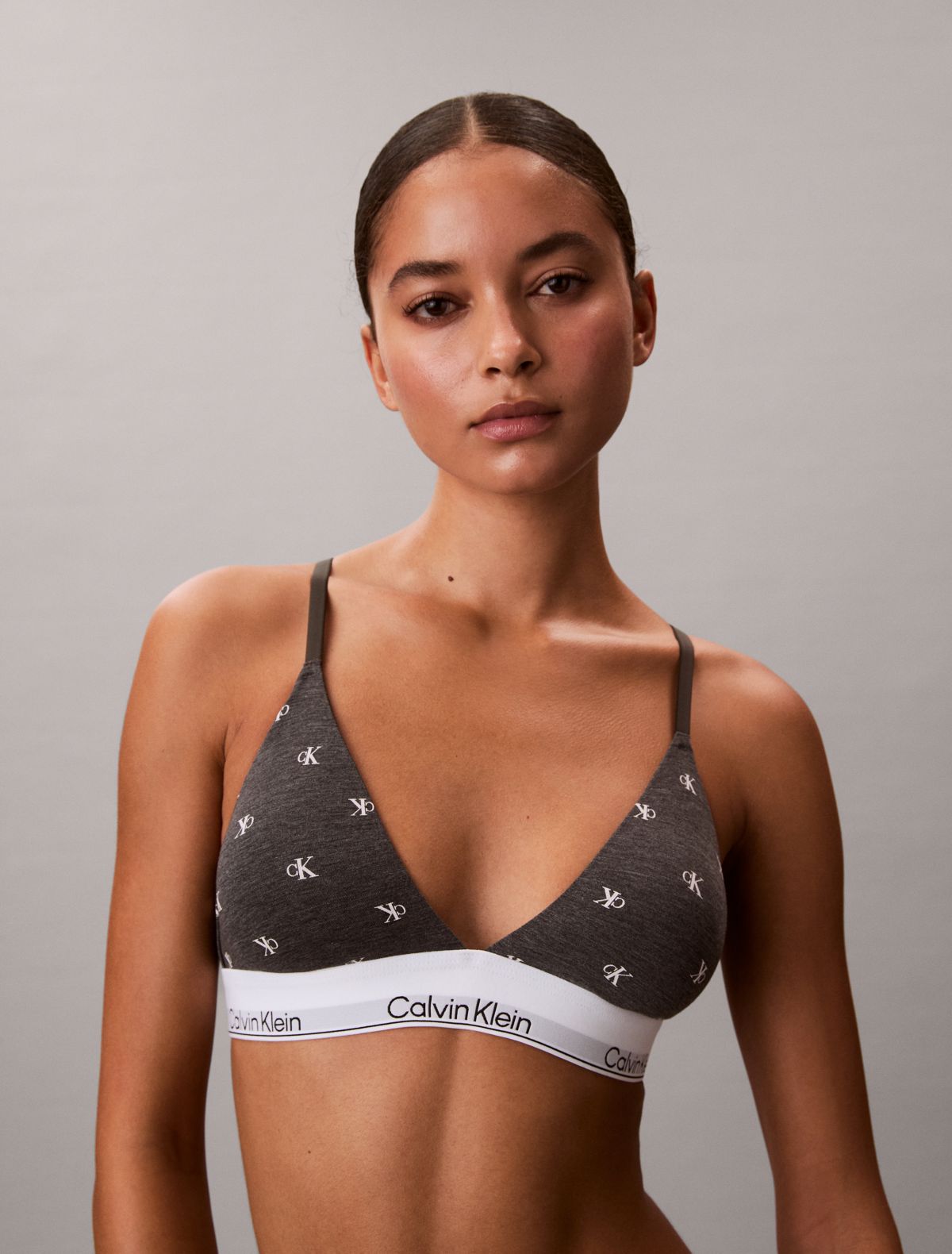 Icon Cotton Modal Lightly Lined Triangle Bralette - Diamond Logo / Charcoal Heather / White