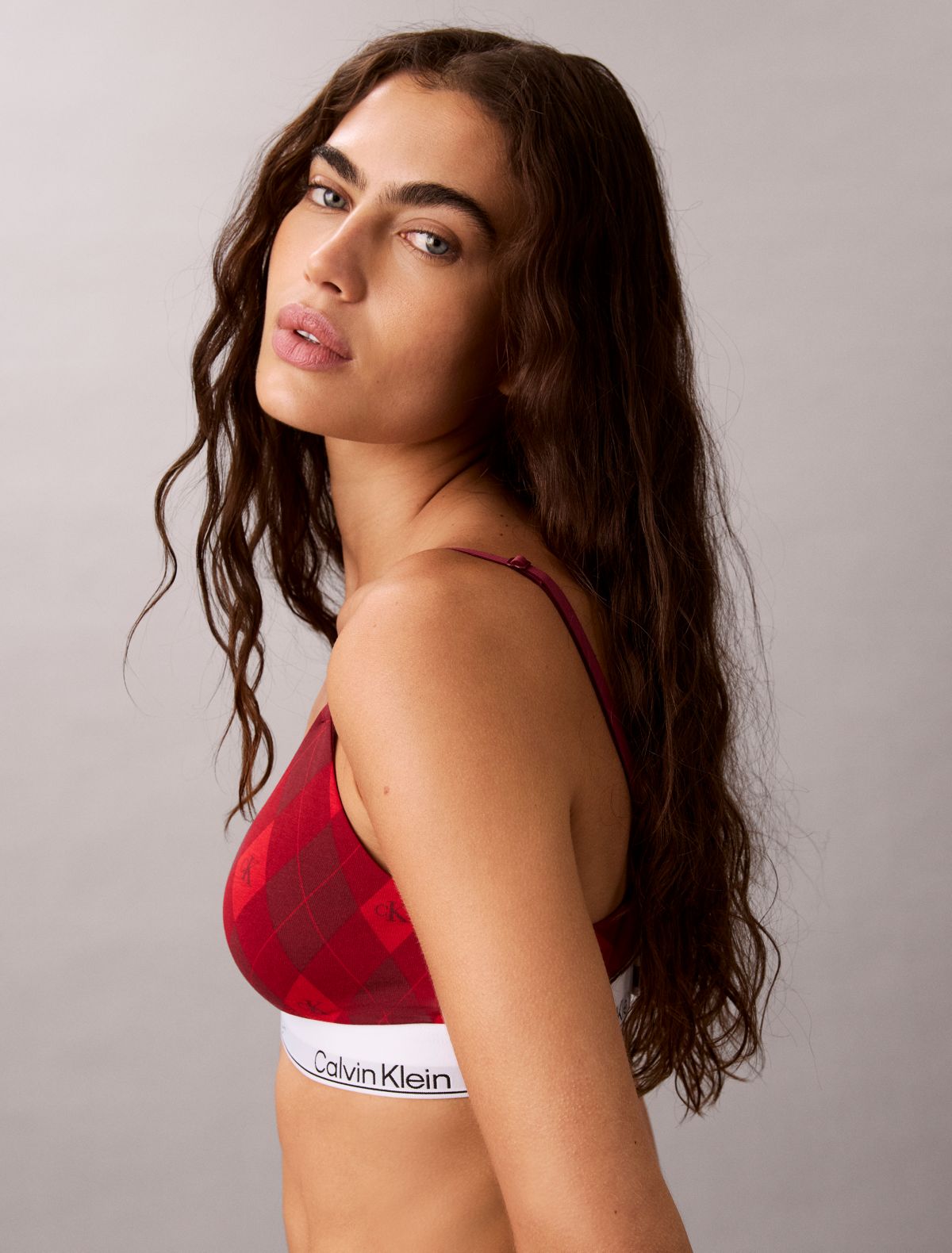 Icon Cotton Modal Lightly Lined Triangle Bralette - Argyle Red