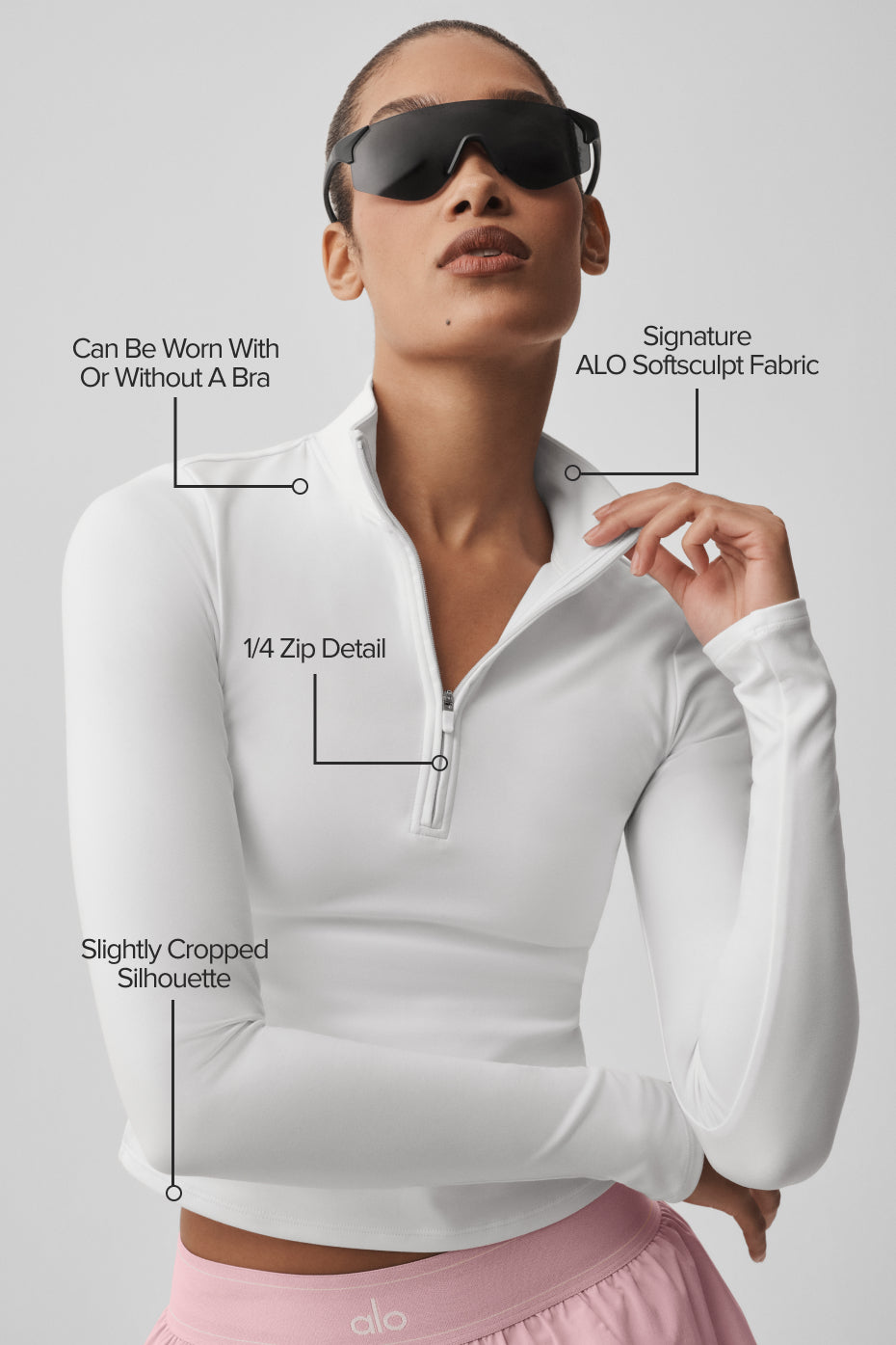 ALO Haut Manches Longues Zippé Softsculpt Precision 1/4 - Blanc