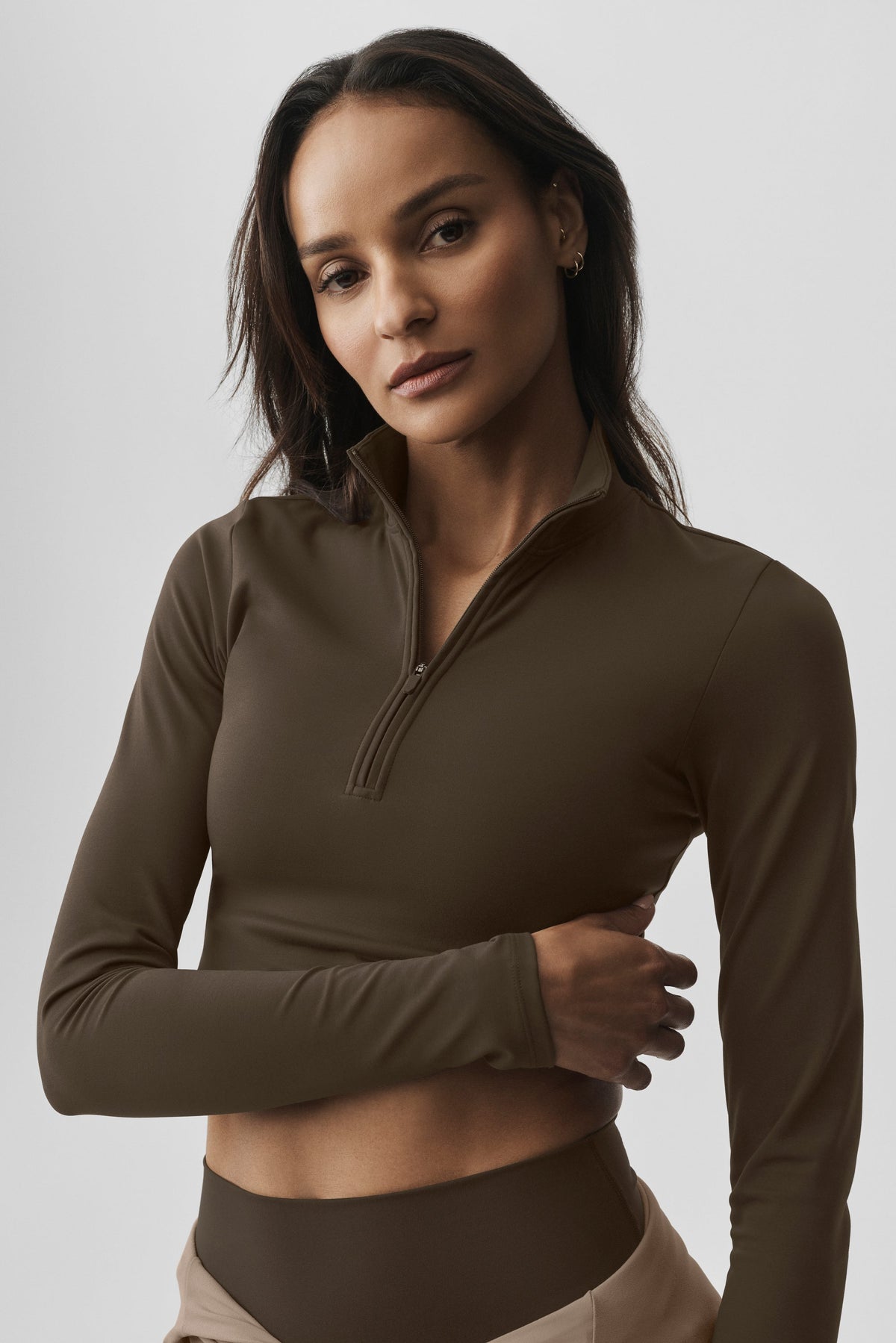 ALO Haut Manches Longues Zippé Softsculpt Precision 1/4 - Espresso