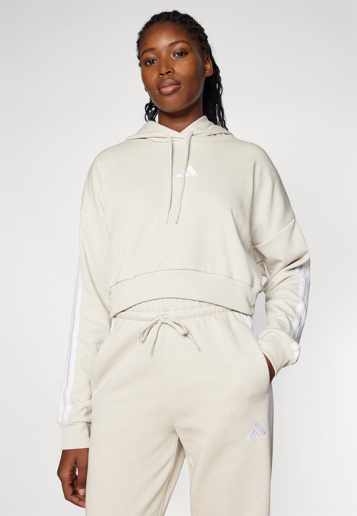 adidas Sportswear Essentials 3 Stripes French Terry Cropped – Sweat à capuche Femme – alumina/white/beige
