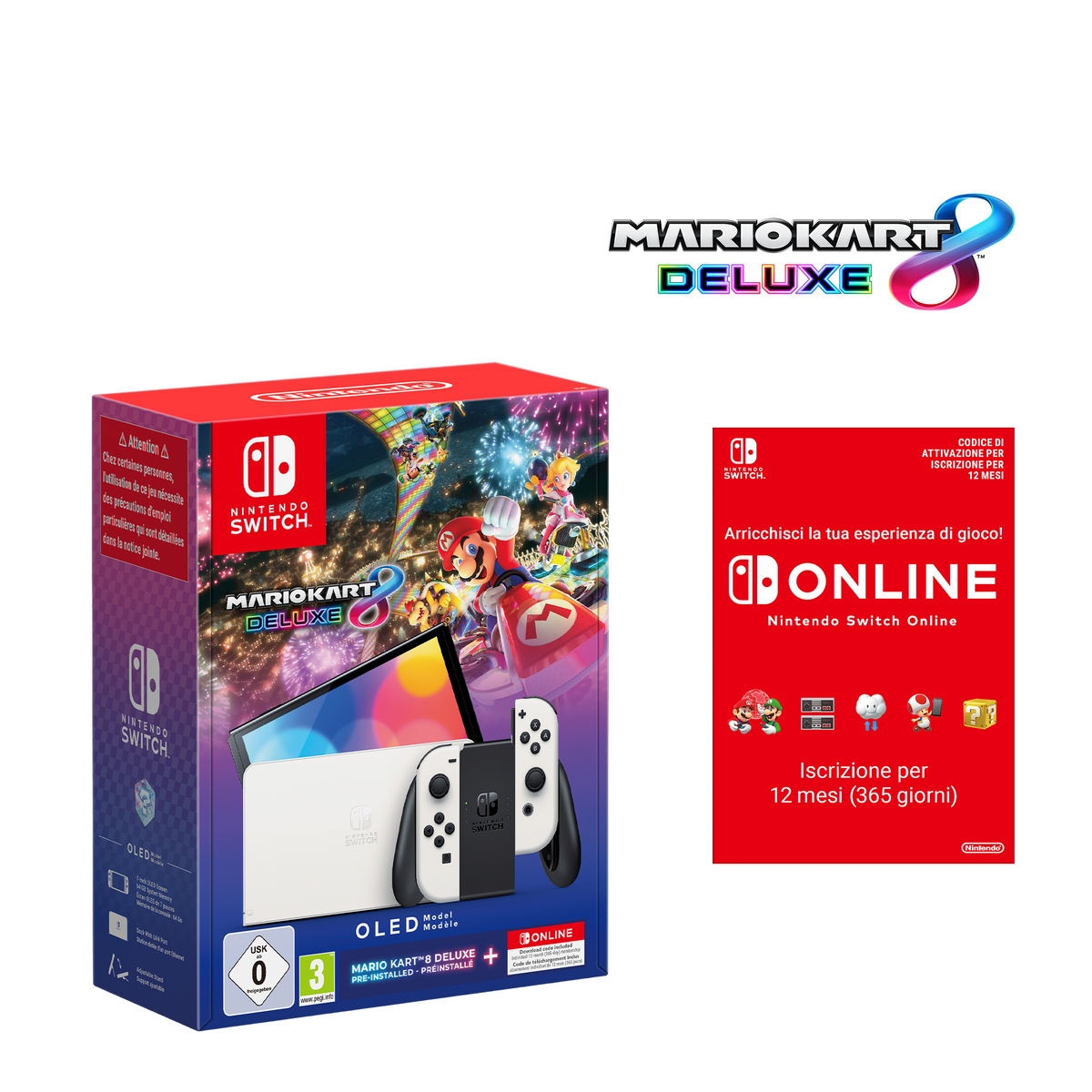 Nintendo Switch – Modèle OLED (blanc) + Mario Kart 8 Deluxe + abonnement individuel de 12 mois (365 jours) au service Nintendo Switch Online