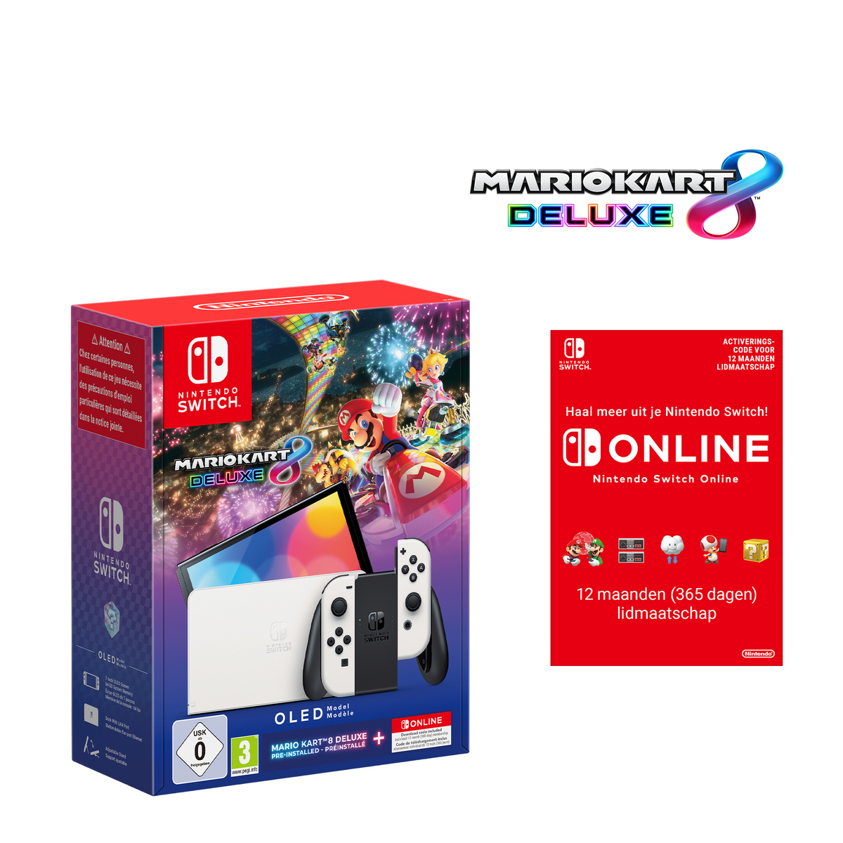 Nintendo Switch – Modèle OLED (blanc) + Mario Kart 8 Deluxe + abonnement individuel de 12 mois (365 jours) au service Nintendo Switch Online